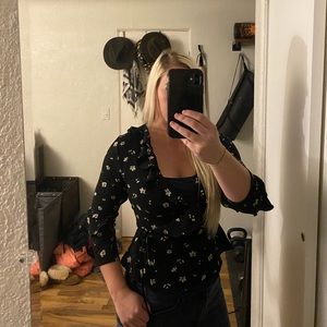 Black Ruffled Floral Wrap Shirt - Size Large